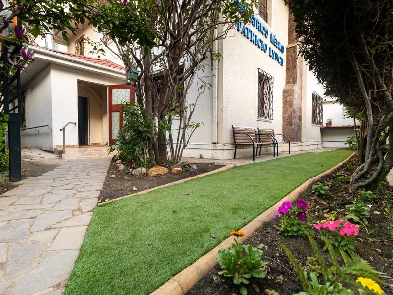 Jardín con pasto, flores, una banca y el camino de piedra.