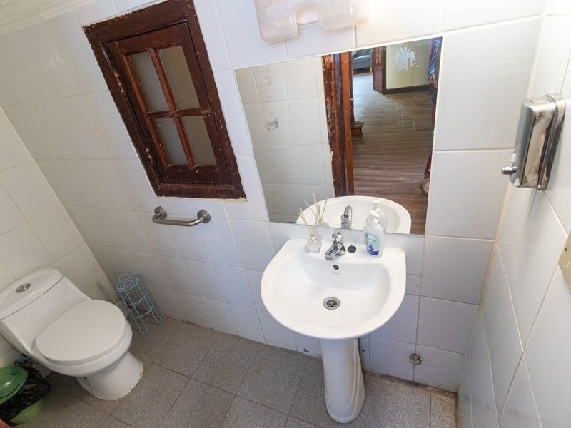 Baño con lavamanos, espejo y barra de apoyo.